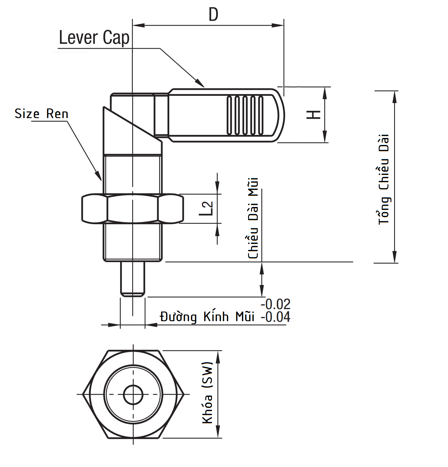 Indexing Plungers Fine Thread Lever Cap With Lock Nut M20x1.5 - 10mm PXVBK20-10_drawing