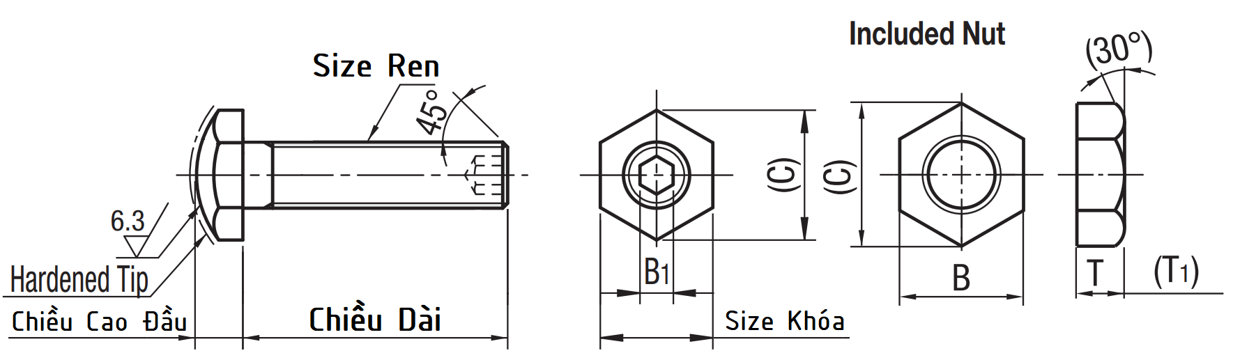 Locating Bolts Hex Socket Round Head Fine M6x50 SSTCC6-50_drawing