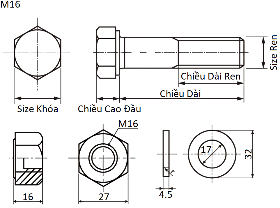 Bulong Cường Độ Cao Thép Đen F10T M16x50 Ren Lửng (1 Tán + 2 Lông Đền)_drawing