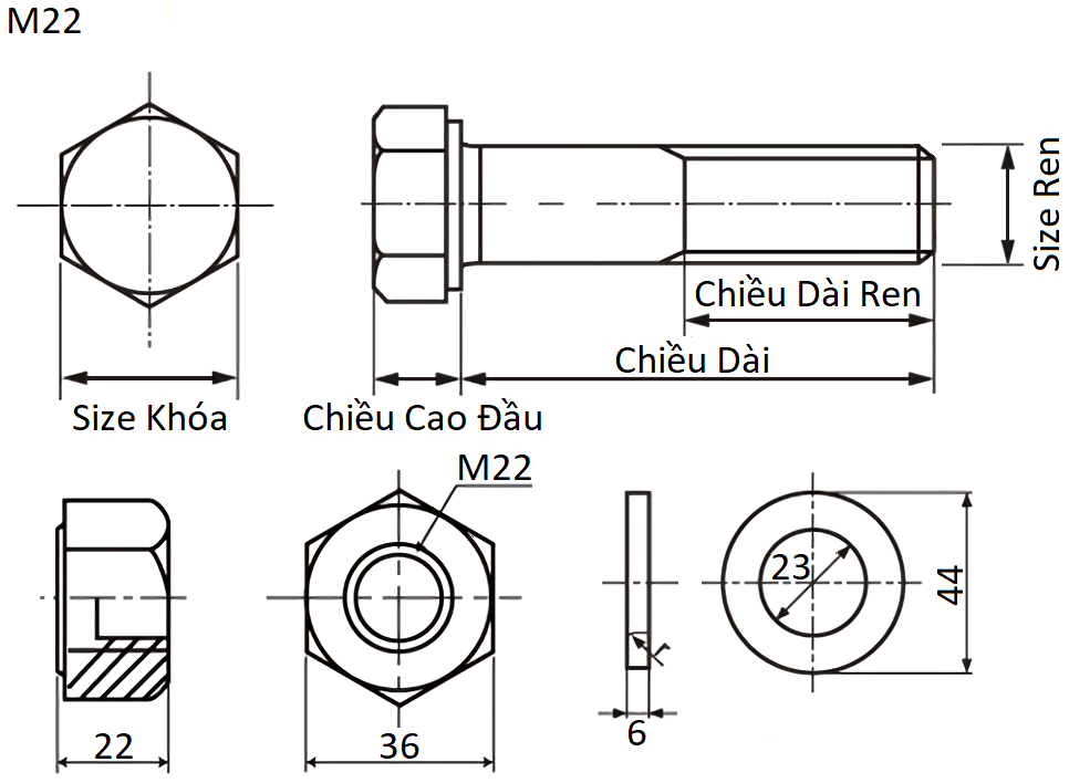 Bulong Cường Độ Cao Thép Đen F10T M22x85 Ren Lửng (1 Tán + 2 Lông Đền)_drawing