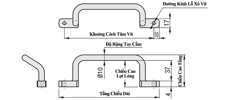 Tay Nắm Cửa Chữ U Dạng Offset Thép Mạ Chorme Phi 10 mm x L 160 mm (UHFSN160)_drawing