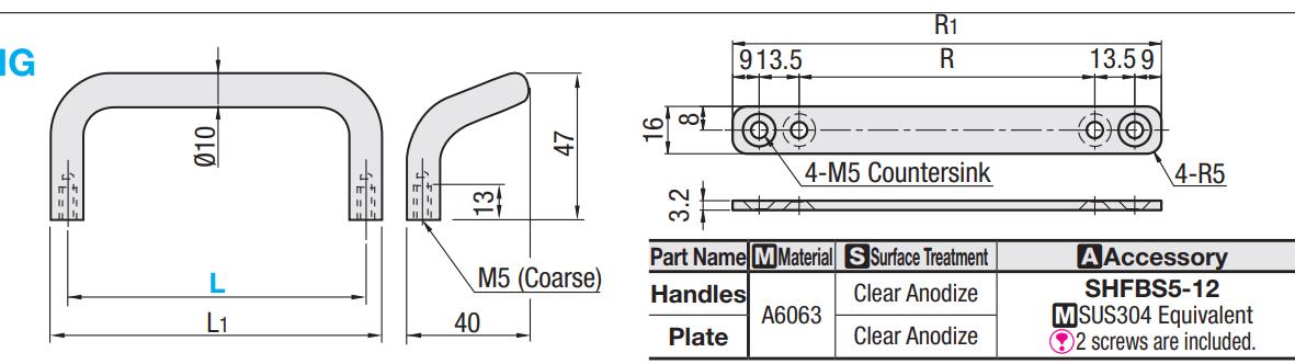 Tay Nắm Cửa Chữ U Hợp Kim Nhôm Mạ Anode Phi 10 mm x L 125 mm (UHFNG125)_drawing