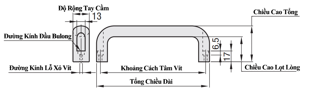Tay Nắm Cửa Chữ U Nhôm Sơn Tĩnh Điện Đen Nhám W 26 mm x L 150 mm (UADR150)_drawing