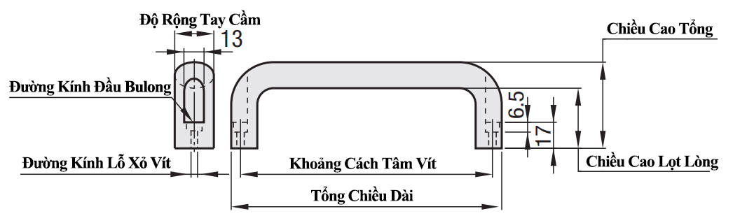 Tay Nắm Cửa Chữ U Nhôm Mạ Anodize Sáng W 26 mm x L 164 mm (UADEL164)_drawing