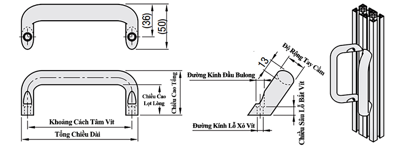 Tay Nắm Cửa Chữ U Dạng Offset Hợp Kim Nhôm Sơn Tĩnh Điện Bạc W 20 mm x L 112 mm (HHDNFA112)_drawing