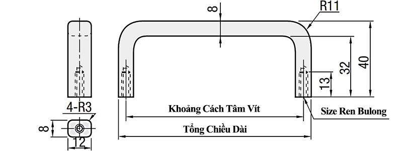 Tay Nắm Cửa Chữ U Thép Mạ Chorme W 12 mm x L 80 mm (USAN80)_drawing