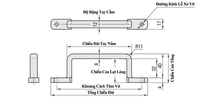 Tay Nắm Cửa Chữ U Thép Mạ Chorme W 12 mm x L 110 mm (USAST110)_drawing