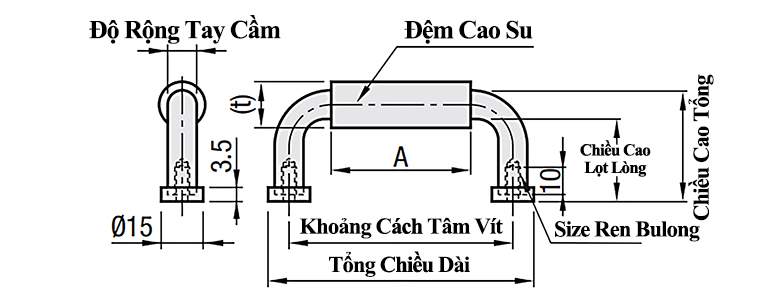 Tay Nắm Cửa Chữ U Thép Mạ Chrome Phủ Cao Su  Phi 10 mm x L 110 mm (UWANLZ10-110-27-G)_drawing