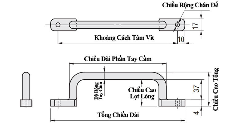 Tay Nắm Cửa Chữ U Thép Mạ Chorme Phi 10 mm x L 160 mm (UWASN160)_drawing