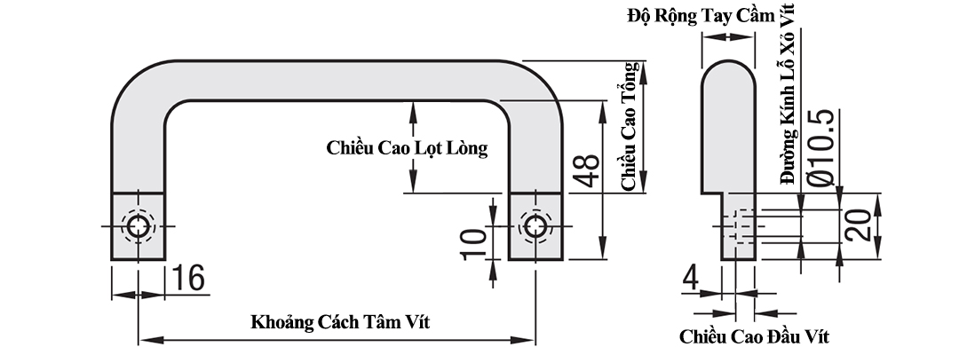 Tay Nắm Cửa Chữ U Inox 304 Đánh Bóng Phi 16 mm x L 120 mm (UWANY120)_drawing