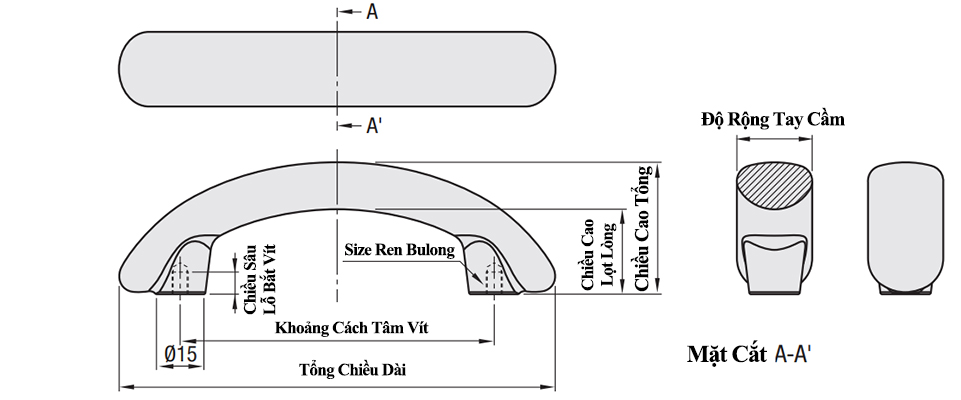 Tay Nắm Cửa Hình Vòng Cung Inox 304 Đánh Bóng W 22 mm x L 100 mm (UWSY100)_drawing