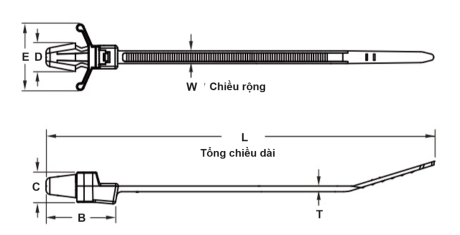 Dây Rút Nhựa Dạng Đẩy Push Mount Màu Trắng KST 134 x 4.8 mm KPM-130SD (100 Sợi/Bịch)_drawing