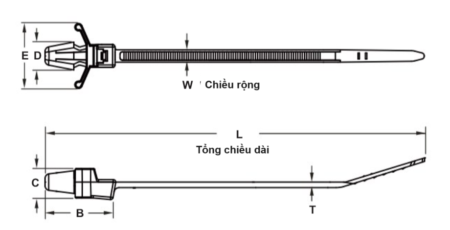 Dây Rút Nhựa Dạng Đẩy Push Mount Màu Trắng KST 134 x 4.8 mm KPM-130SD_drawing