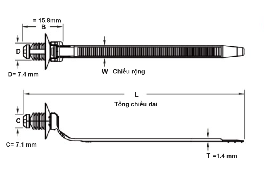 Dây Rút Nhựa Dạng Gắn Plug Cable Tie Màu Đen KST 170 x 5.3 mm KMCL-170-B (100 Sợi/Bịch)_drawing