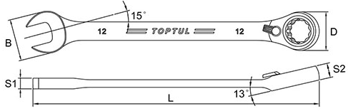 Cờ Lê Vòng Miệng Tự Động 15° 13mm Toptul ABAF1313_drawing