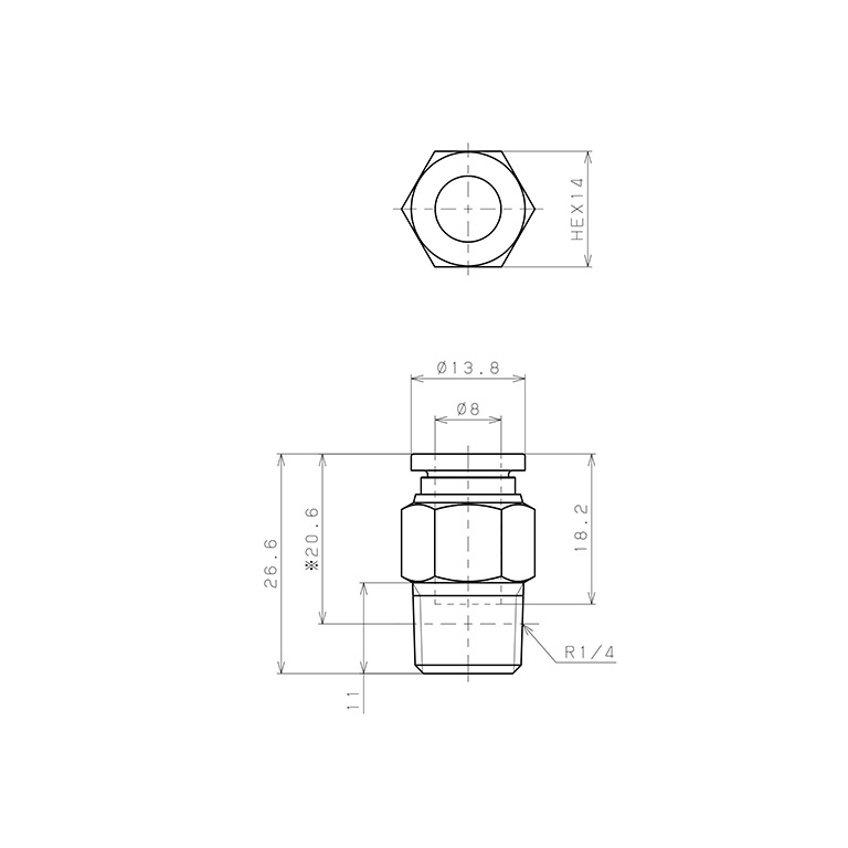 Đầu Nối Nhanh Khí Nén Dạng Thẳng Thân Lục Giác Ren Ngoài Pisco SPC8-02_drawing