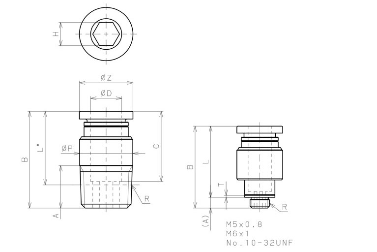 Đầu Nối Nhanh Khí Nén Dạng Thẳng Ren Ngoài Pisco POC8-N1UW_drawing