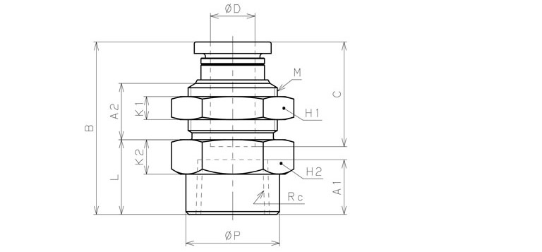 Đầu Nối Nhanh Khí Nén Dạng Thẳng Ren Trong Ngoài Pisco PMF6-N2U_drawing