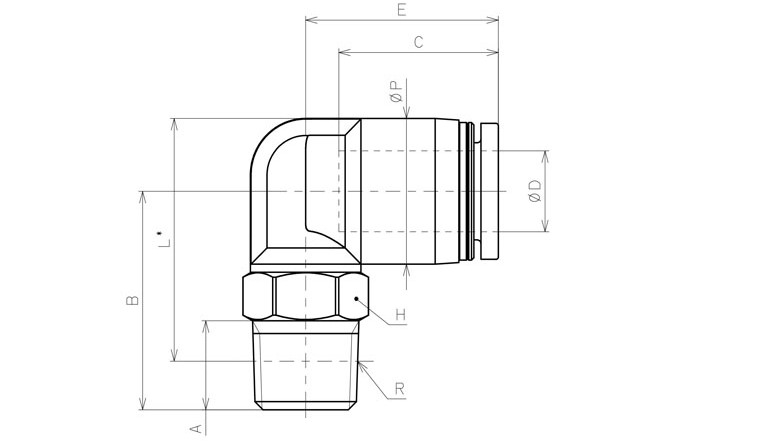 Đầu Nối Nhanh Khí Nén Dạng Cong 90° Ren Ngoài Pisco PL8-03M_drawing