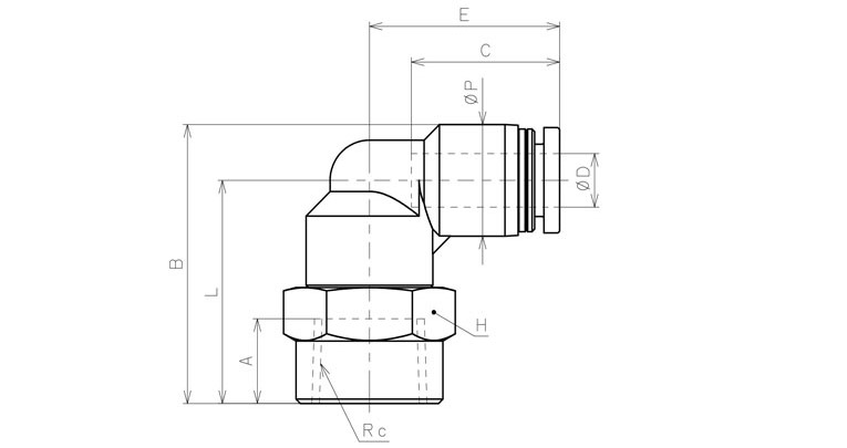 Đầu Nối Nhanh Khí Nén Dạng Cong 90° Ren Trong Pisco PLF1/4-N1U_drawing