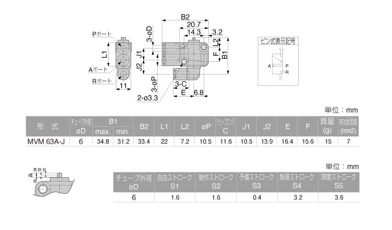 Van Khí Nén Loại Nhấn, Công Tắc Hành Trình Pisco MVM1/8 3A-J_drawing