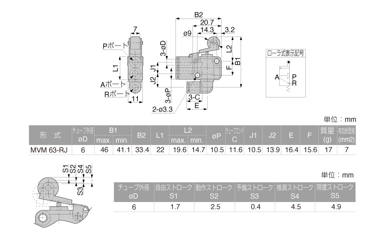 Van Khí Nén Loại Nhấn, Công Tắc Hành Trình Pisco MVM63-RJ_drawing