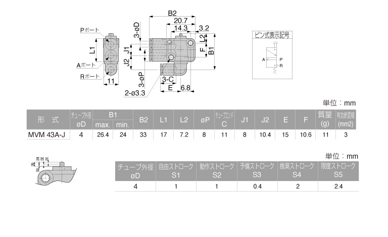 Van Khí Nén Loại Nhấn, Công Tắc Hành Trình Pisco MVM43A-J_drawing