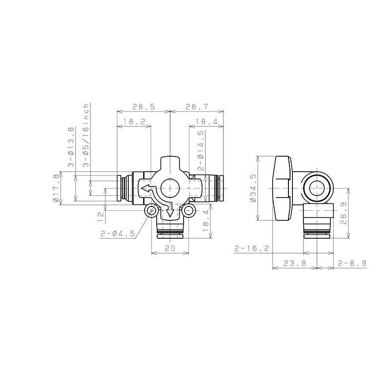 Van Chuyển Hướng Khí Nén Ba Ngã Pisco HBV5/16-5/16_drawing