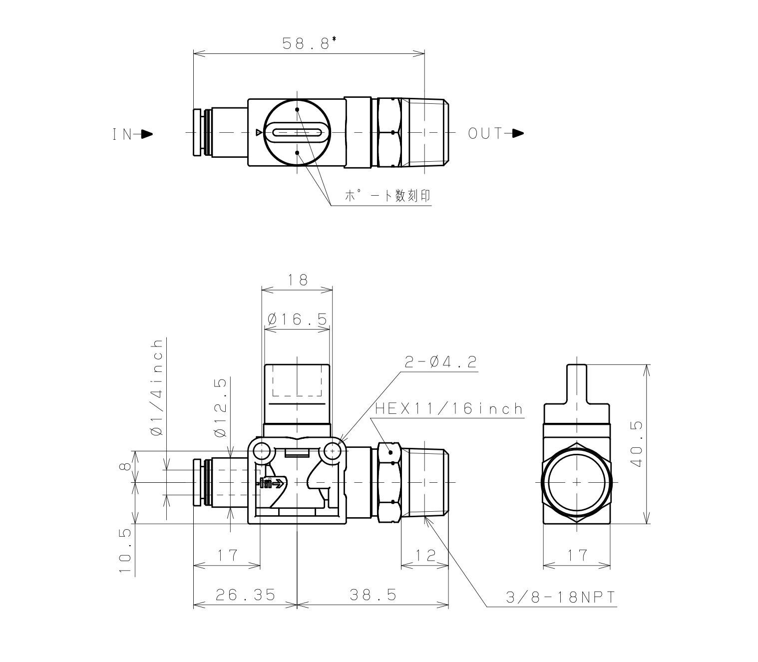 Van Tay Khí Nén Pisco HV1/4-N3-2U_drawing