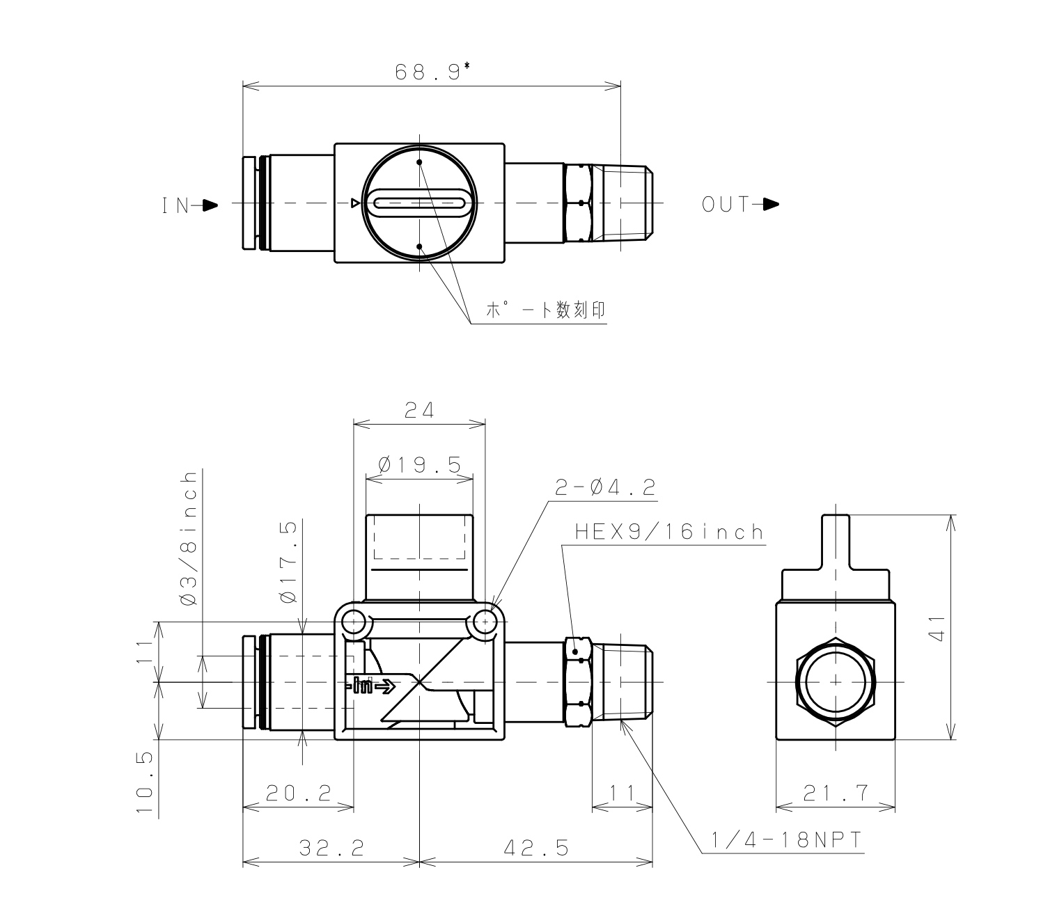 Van Tay Khí Nén Pisco HV3/8-N2-2U_drawing