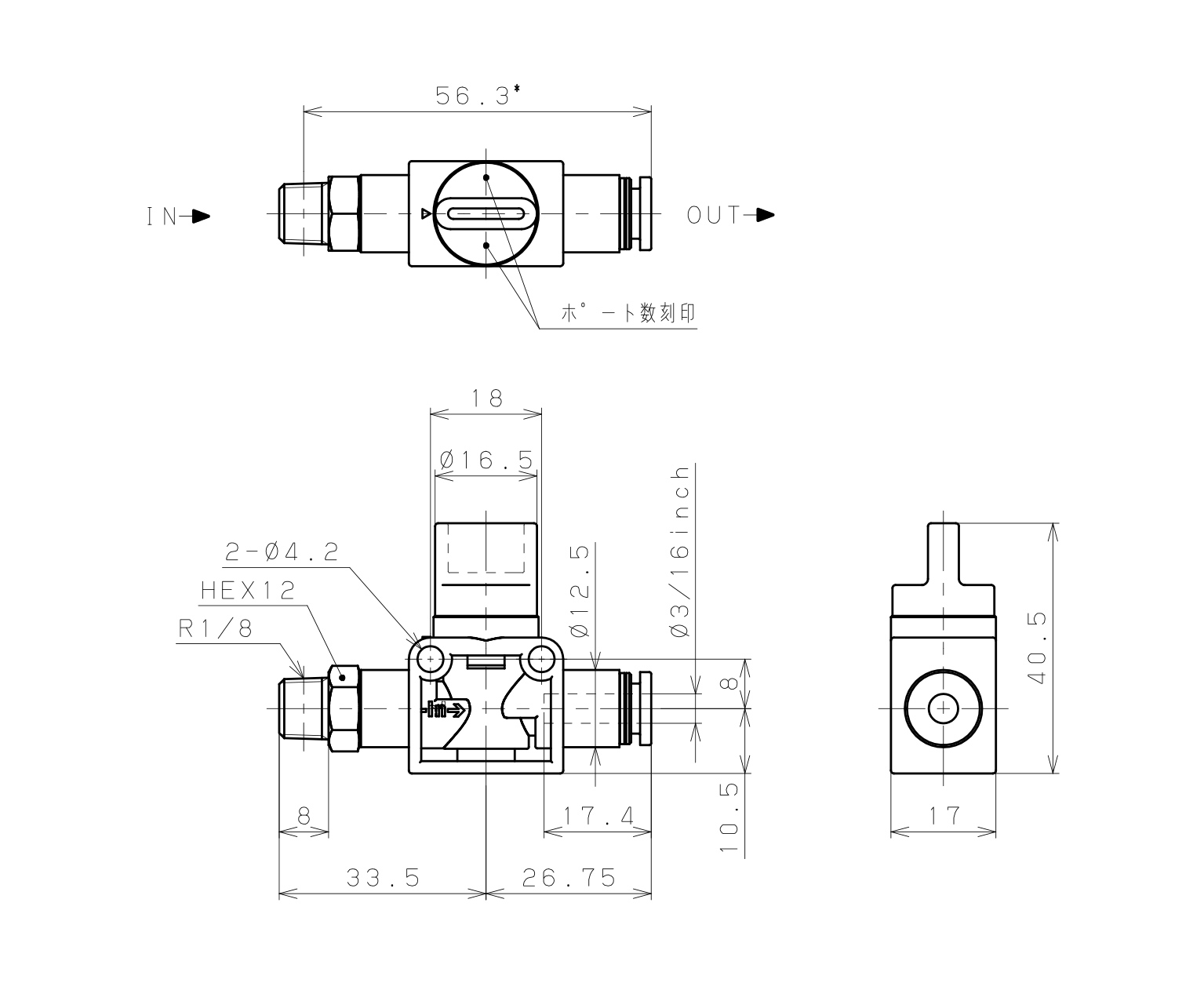 Van Tay Khí Nén Pisco HV01-3/16-2W_drawing