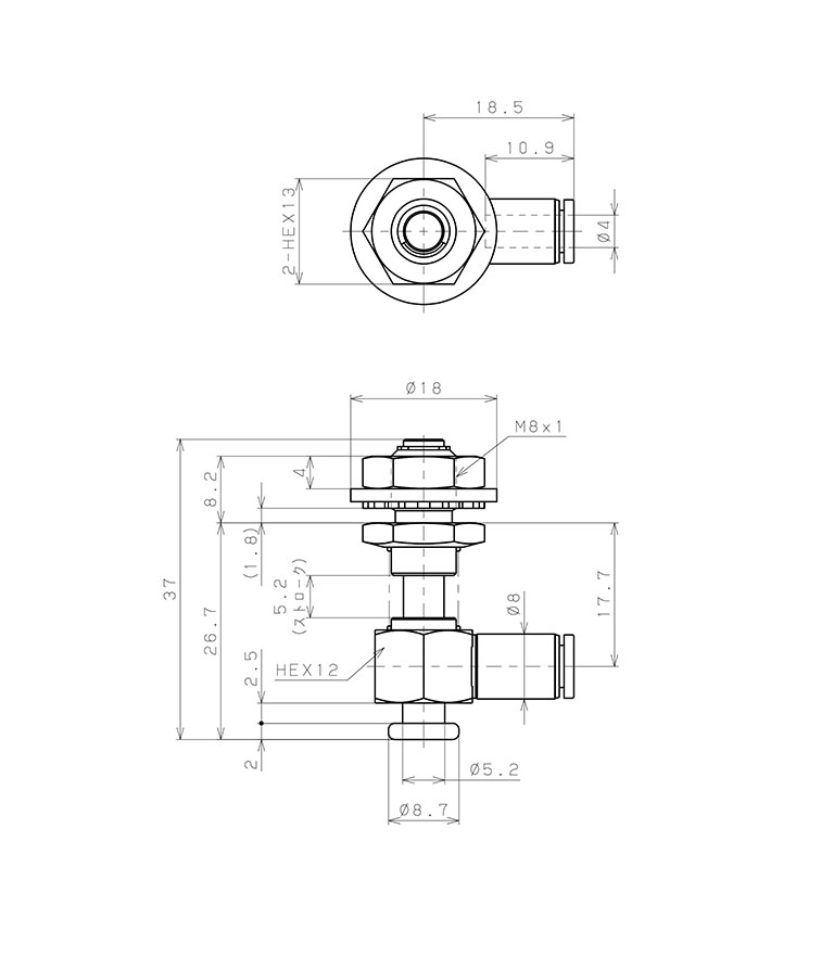 Bộ Nấm Hút Chân Không Và Giá Đỡ, Silicone, O.D 10 mm, Pisco VPHD10-5LS-4J_drawing