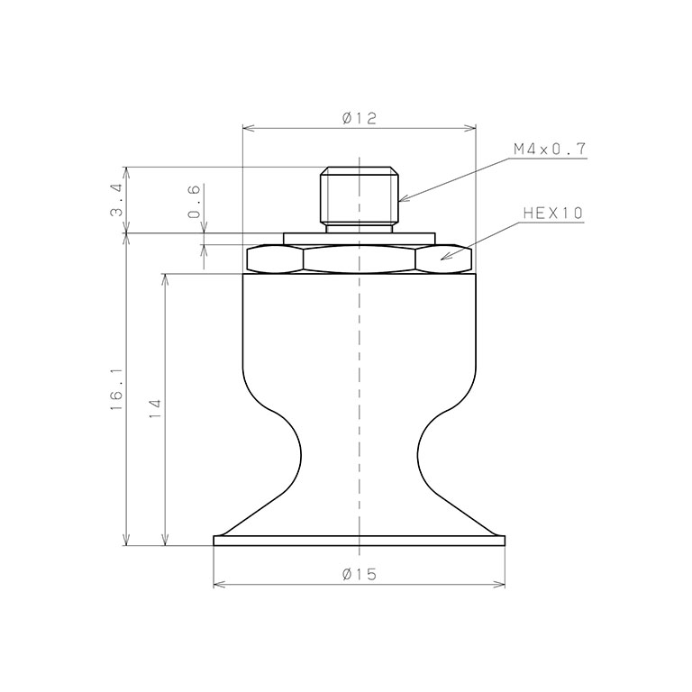 Bộ Nấm Hút Chân Không Có Vít Ren, Cao Su Nitrile - NBR, O.D 15 mm, Pisco VP15LN-M4_drawing
