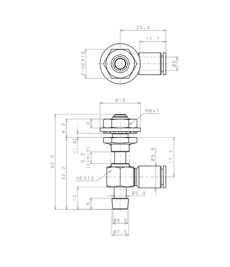 Bộ Nấm Hút Chân Không Và Giá Đỡ, Cao Su Nitrile - NBR, O.D 20 mm, Pisco VPHD20-5LN-6J_drawing