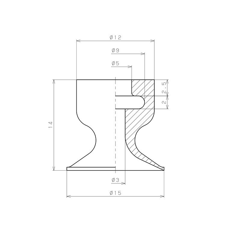 Đầu Nấm Hút Chân Không, Cao Su Nitrile Dẫn Điện (Điện Trở Thấp), O.D 15 mm, Pisco VP15LNE_drawing