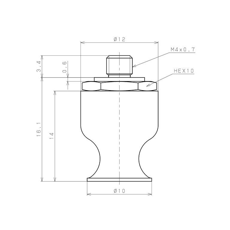 Bộ Nấm Hút Chân Không Có Vít Ren, Cao Su Nitrile - NBR, O.D 10 mm, Pisco VP10LN-M4_drawing