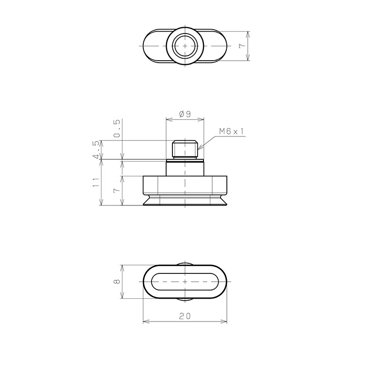 Bộ Nấm Hút Chân Không Hình Oval Bầu Dục Có Vít Ren, Silicone,  O.D 8x20 mm, Pisco VP8x20ES-M6_drawing