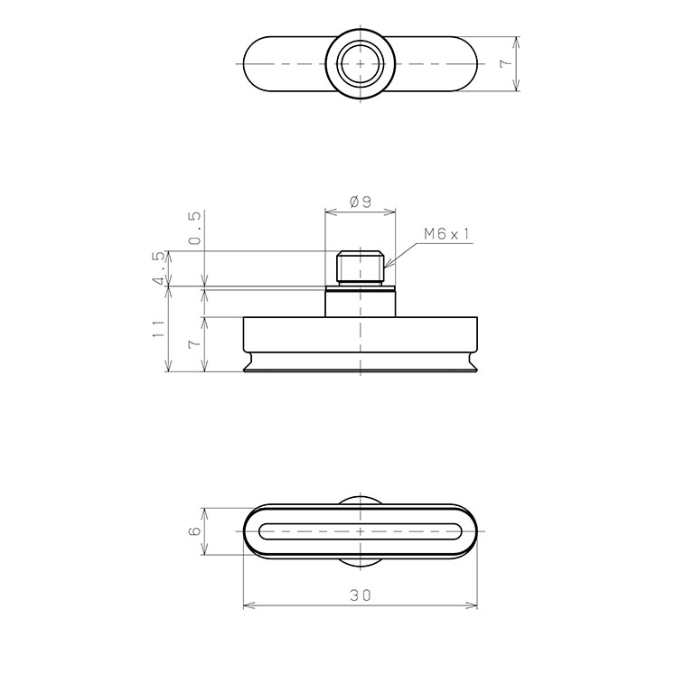 Bộ Nấm Hút Chân Không Hình Oval Bầu Dục Có Vít Ren, Butadien Dẫn Điện (Điện Trở Thấp),  O.D 6x30 mm, Pisco VP6x30EE-M6_drawing