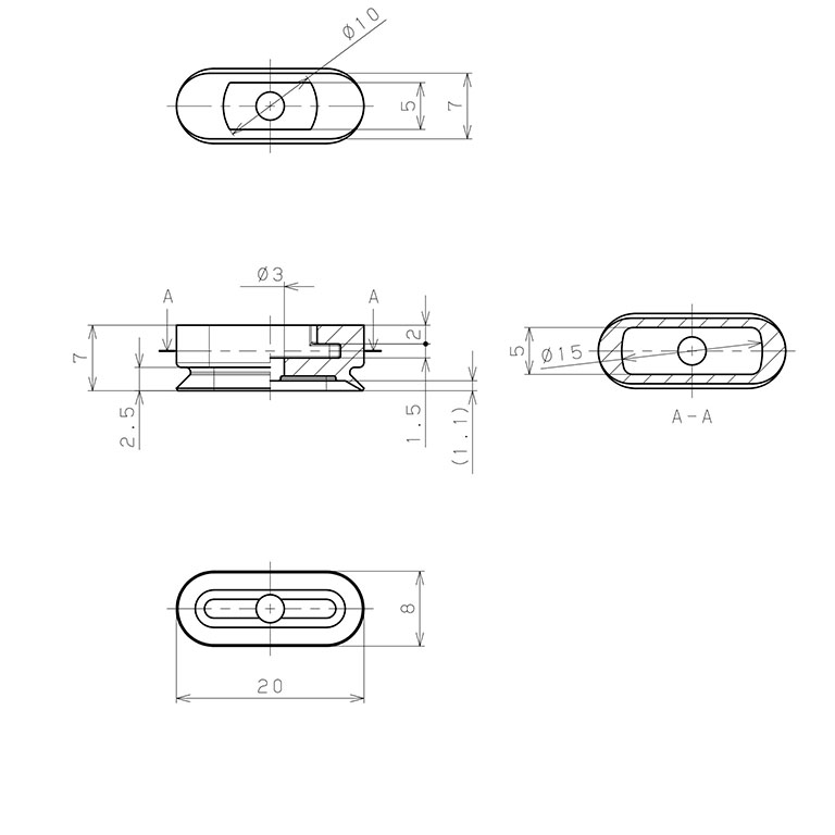 Đầu Nấm Hút Chân Không Hình Oval Bầu Dục, Silicone Dẫn Điện,  O.D , Pisco VP8x20ESE_drawing