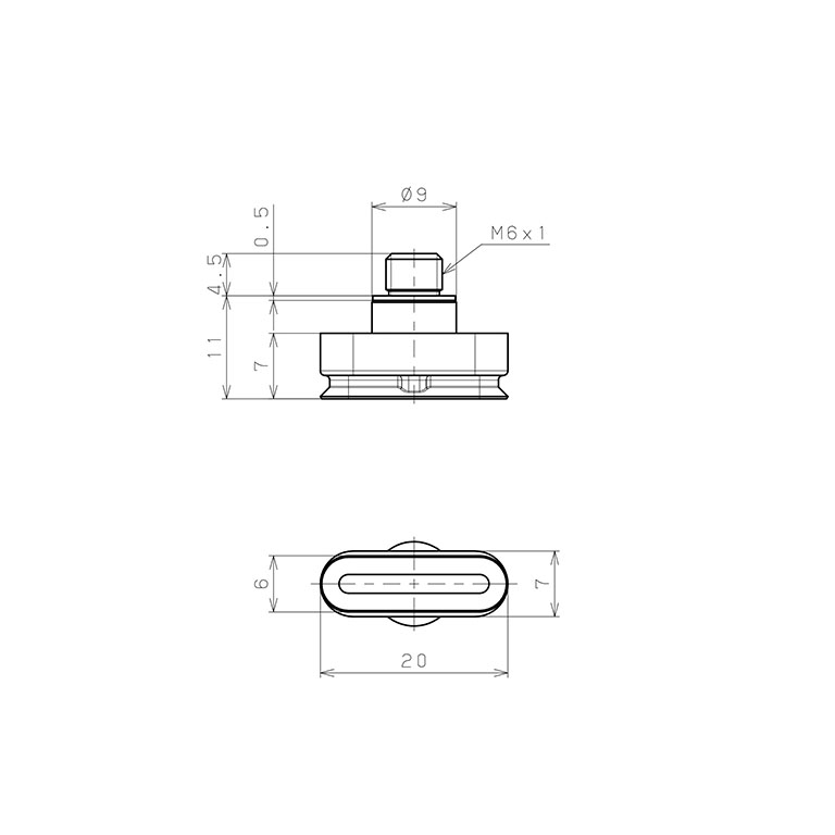 Bộ Nấm Hút Chân Không Hình Oval Bầu Dục Có Vít Ren, Nitrile,  O.D 6x20 mm, Pisco VP6x20EN-M6_drawing