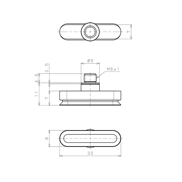 Bộ Nấm Hút Chân Không Hình Oval Bầu Dục Có Vít Ren, Silicone,  O.D 8x30 mm, Pisco VP8x30ES-M6_drawing