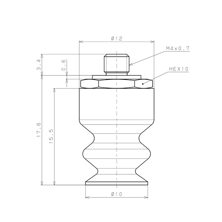 Bộ Nấm Hút Chân Không Có Vít Ren, Cao Su Nitrile - NBR, O.D 10 mm, Pisco VP10LBN-M4_drawing