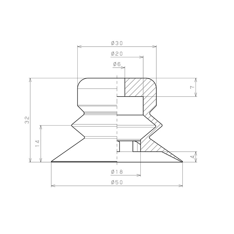 Đầu Nấm Hút Chân Không Dạng Lò Xo, Urethane, O.D 50 mm, Pisco VP50BU_drawing