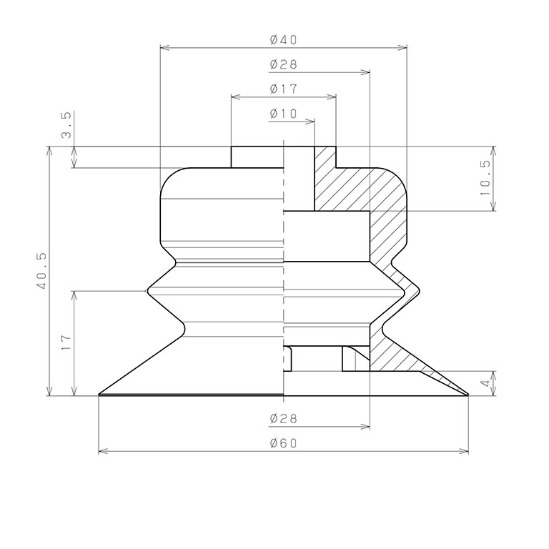 Đầu Nấm Hút Chân Không Dạng Lò Xo, Nitrile, O.D 60 mm, Pisco VP60BN_drawing