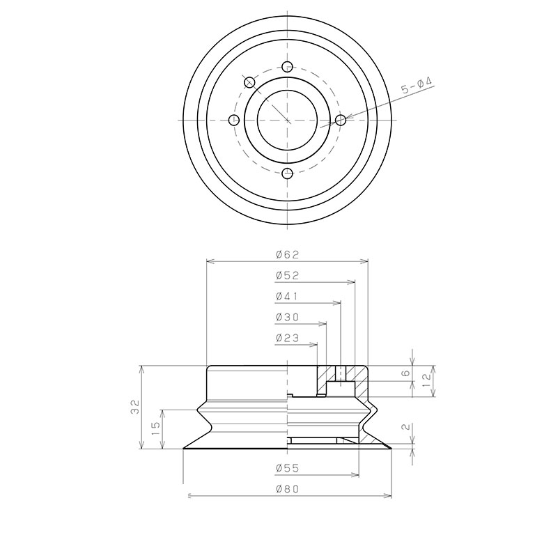 Đầu Nấm Hút Chân Không Dạng Lò Xo, Nitrile, O.D 80 mm, Pisco VP80BN_drawing