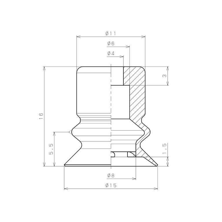 Đầu Nấm Hút Chân Không Dạng Lò Xo, Silicone, O.D 15 mm, Pisco VP15BS_drawing