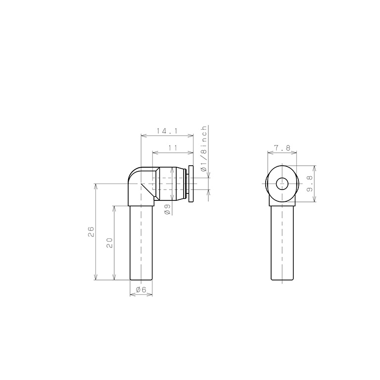 Đầu Nối Nhanh Khí Nén Giữa Ống Khí Và Fitting Dạng Nối Giảm Cong 90° Pisco PLGJ6-1/8M_drawing
