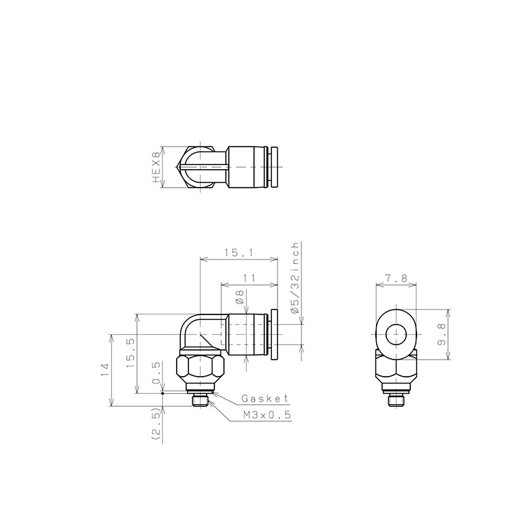Đầu Nối Nhanh Khí Nén Dạng Cong 90° Ren Ngoài Pisco PL5/32-M3M_drawing
