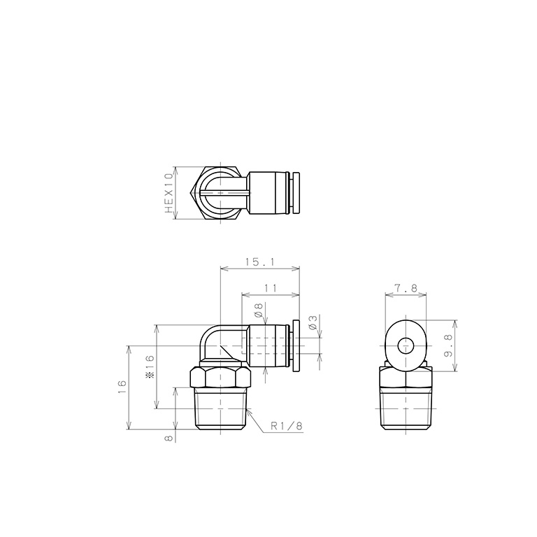 Đầu Nối Nhanh Khí Nén Dạng Cong 90° Ren Ngoài Pisco PL3-01M-C_drawing