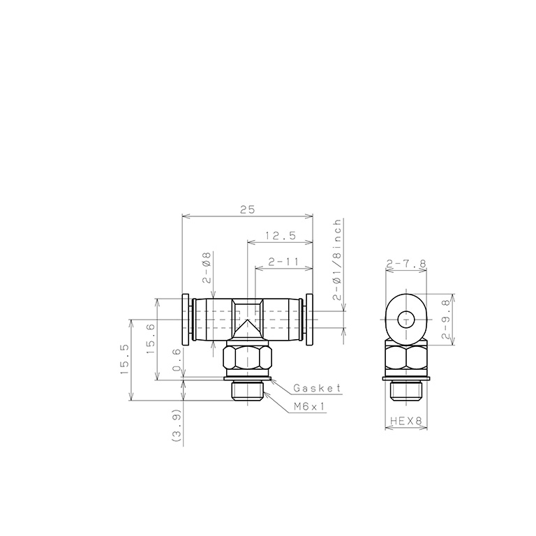 Đầu Nối Nhanh Khí Nén Dạng Chữ T Ren Ngoài Pisco PB1/8-M6M_drawing